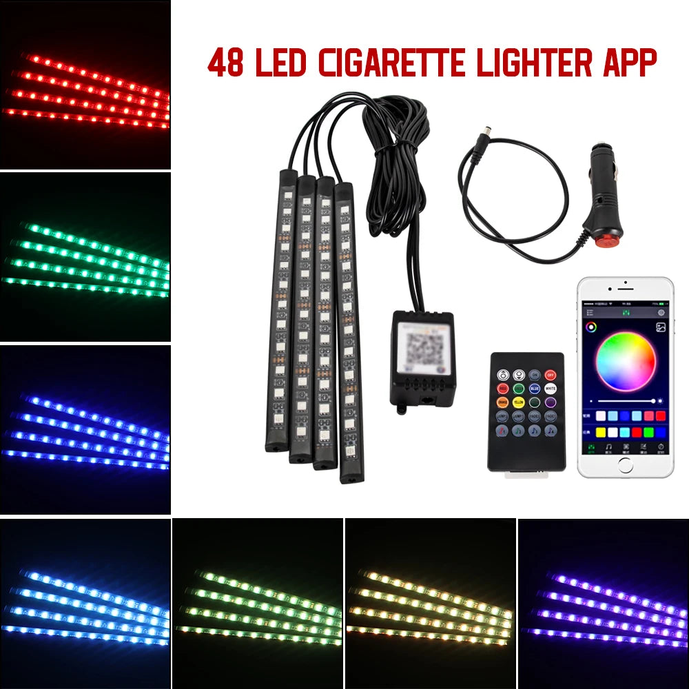 LED Intérieur de voiture Lumière de pied ambiante. Gestion à distance sans fil. Led vendu par 36 / 48 / 72 LED (RVB). Contrôle de l'application sur le téléphone.