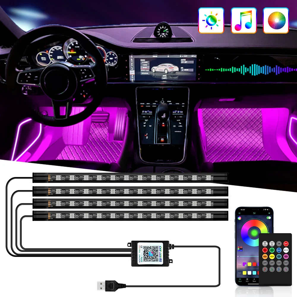 LED Intérieur de voiture Lumière de pied ambiante. Gestion à distance sans fil. Led vendu par 36 / 48 / 72 LED (RVB). Contrôle de l'application sur le téléphone.