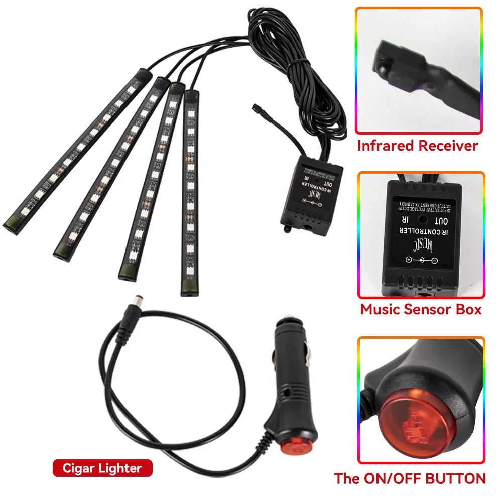 LED Intérieur de voiture Lumière de pied ambiante. Gestion à distance sans fil. Led vendu par 36 / 48 / 72 LED (RVB). Contrôle de l'application sur le téléphone.