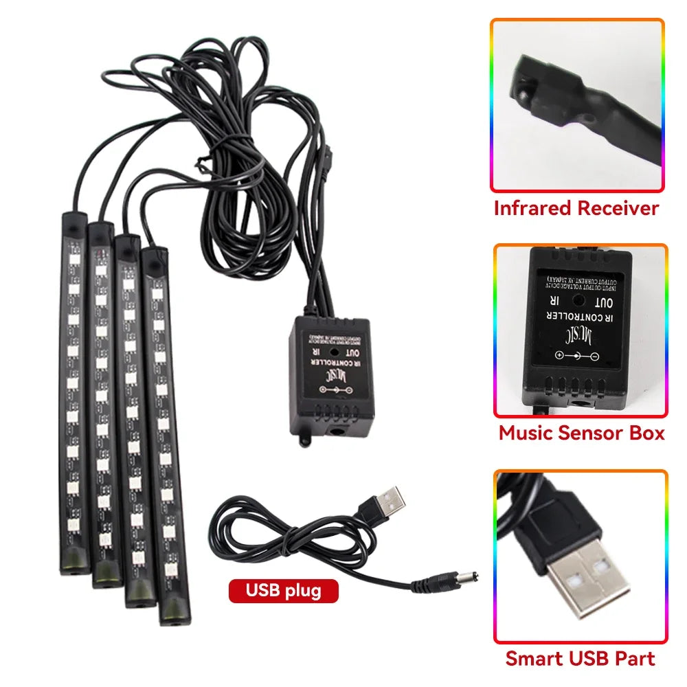 LED Intérieur de voiture Lumière de pied ambiante. Gestion à distance sans fil. Led vendu par 36 / 48 / 72 LED (RVB). Contrôle de l'application sur le téléphone.