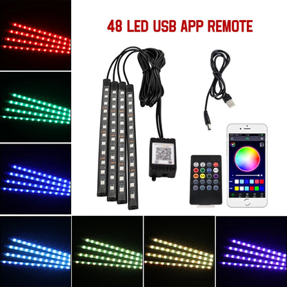 LED Intérieur de voiture Lumière de pied ambiante. Gestion à distance sans fil. Led vendu par 36 / 48 / 72 LED (RVB). Contrôle de l'application sur le téléphone.