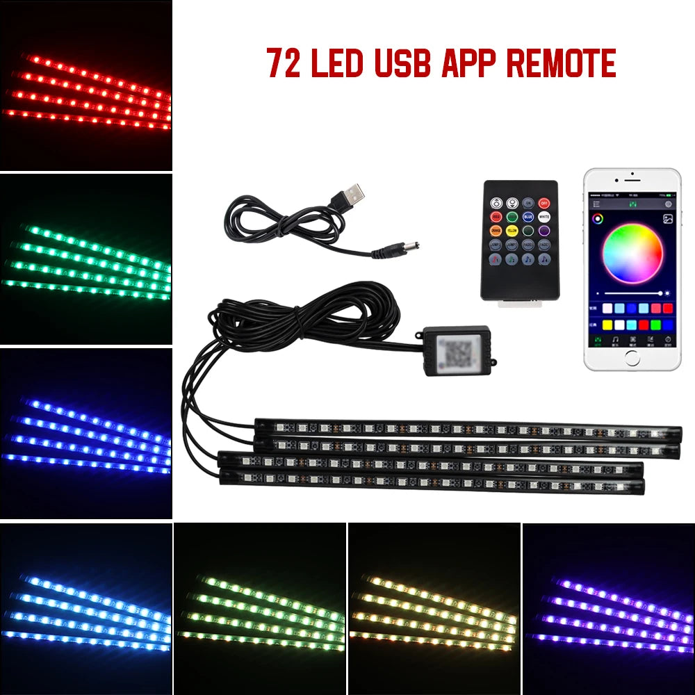 LED Intérieur de voiture Lumière de pied ambiante. Gestion à distance sans fil. Led vendu par 36 / 48 / 72 LED (RVB). Contrôle de l'application sur le téléphone.